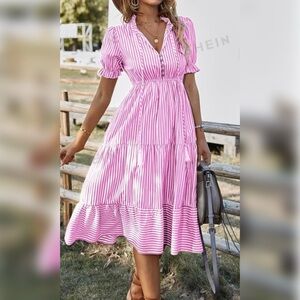 French Stripe Ruffle Hem Puff Sleeve Midi Dress